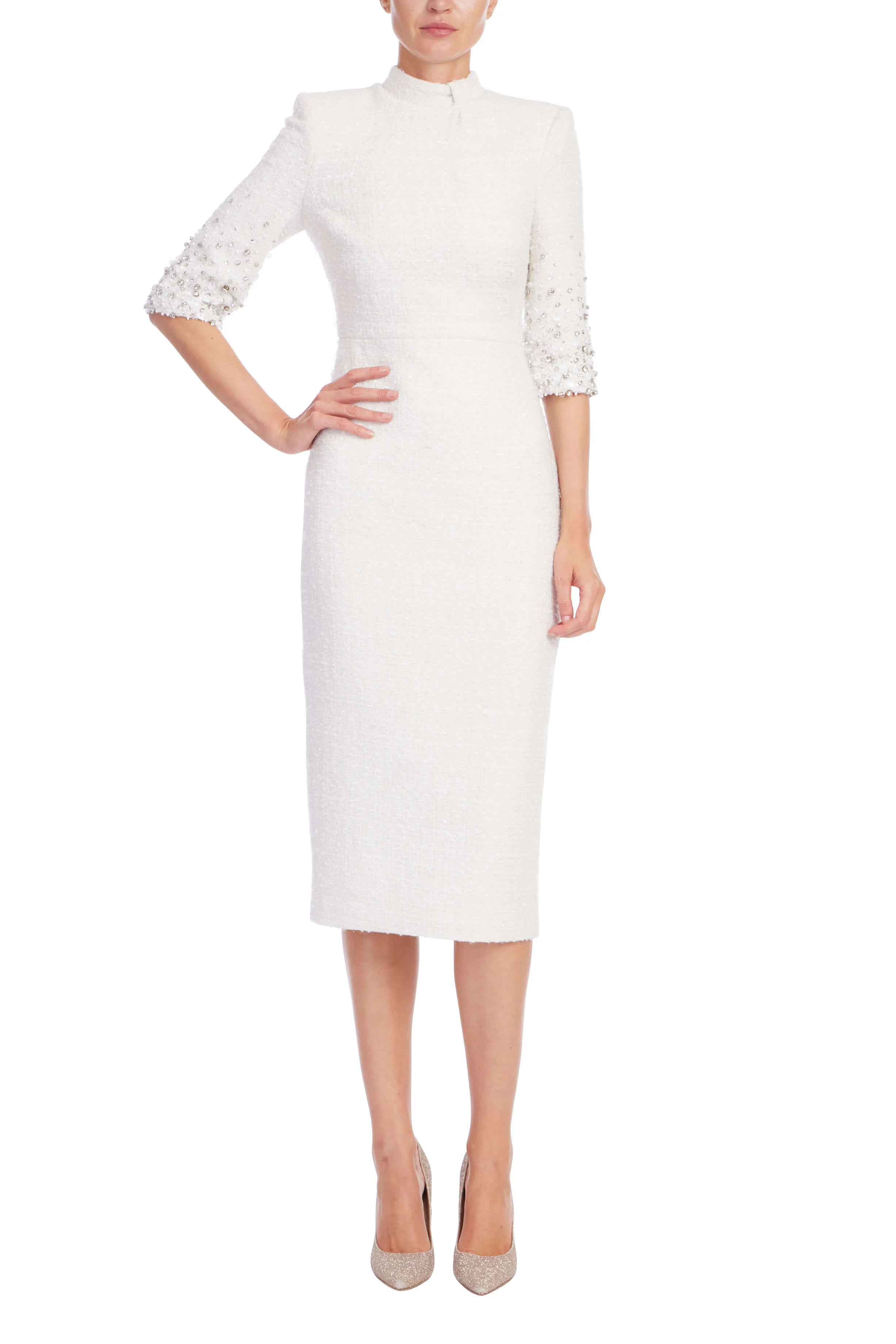 Beaded Quarter Sleeve High Neck Sheath Dress - Image 14