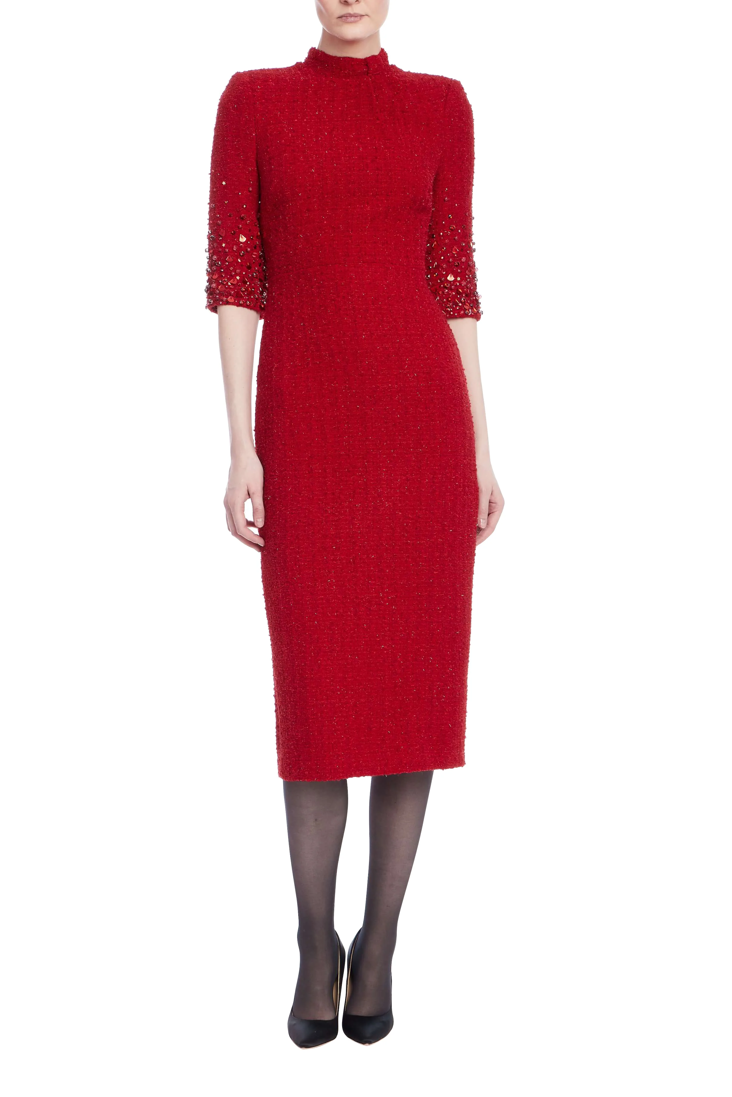 Beaded Quarter Sleeve High Neck Sheath Dress - Image 25