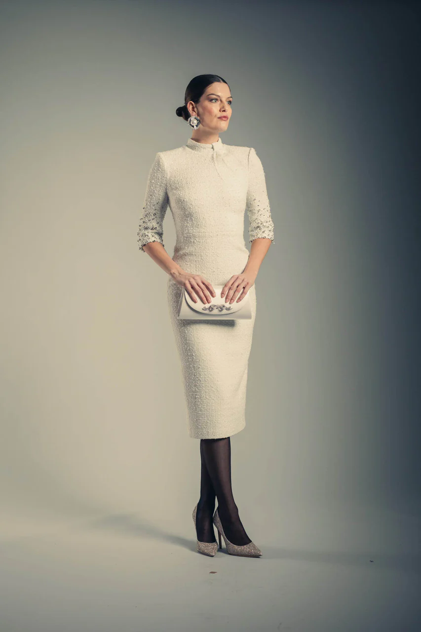 Beaded Quarter Sleeve High Neck Sheath Dress - Image 4