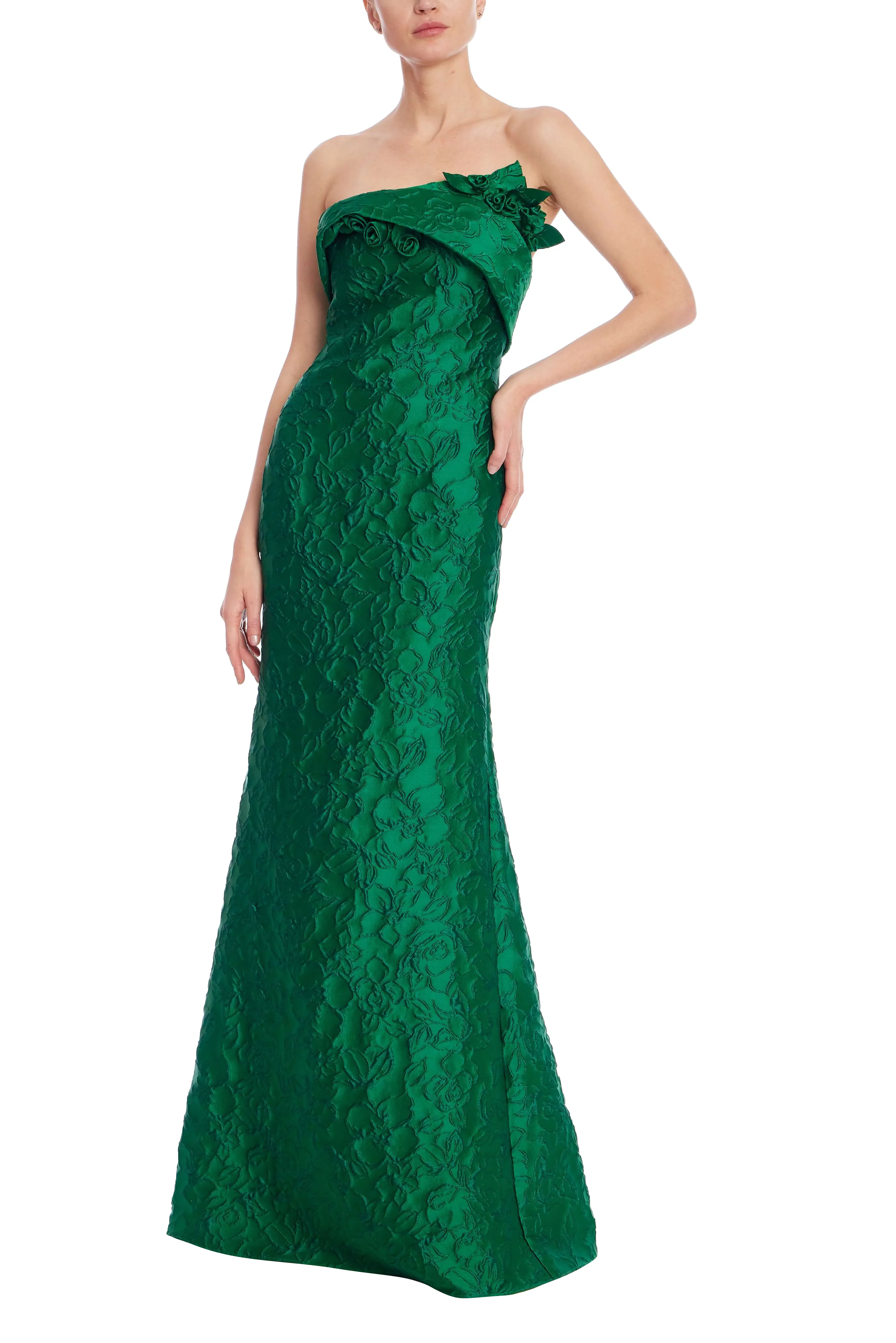 Emerald Green Strapless Floral Jacquard Mermaid Gown - Image 9