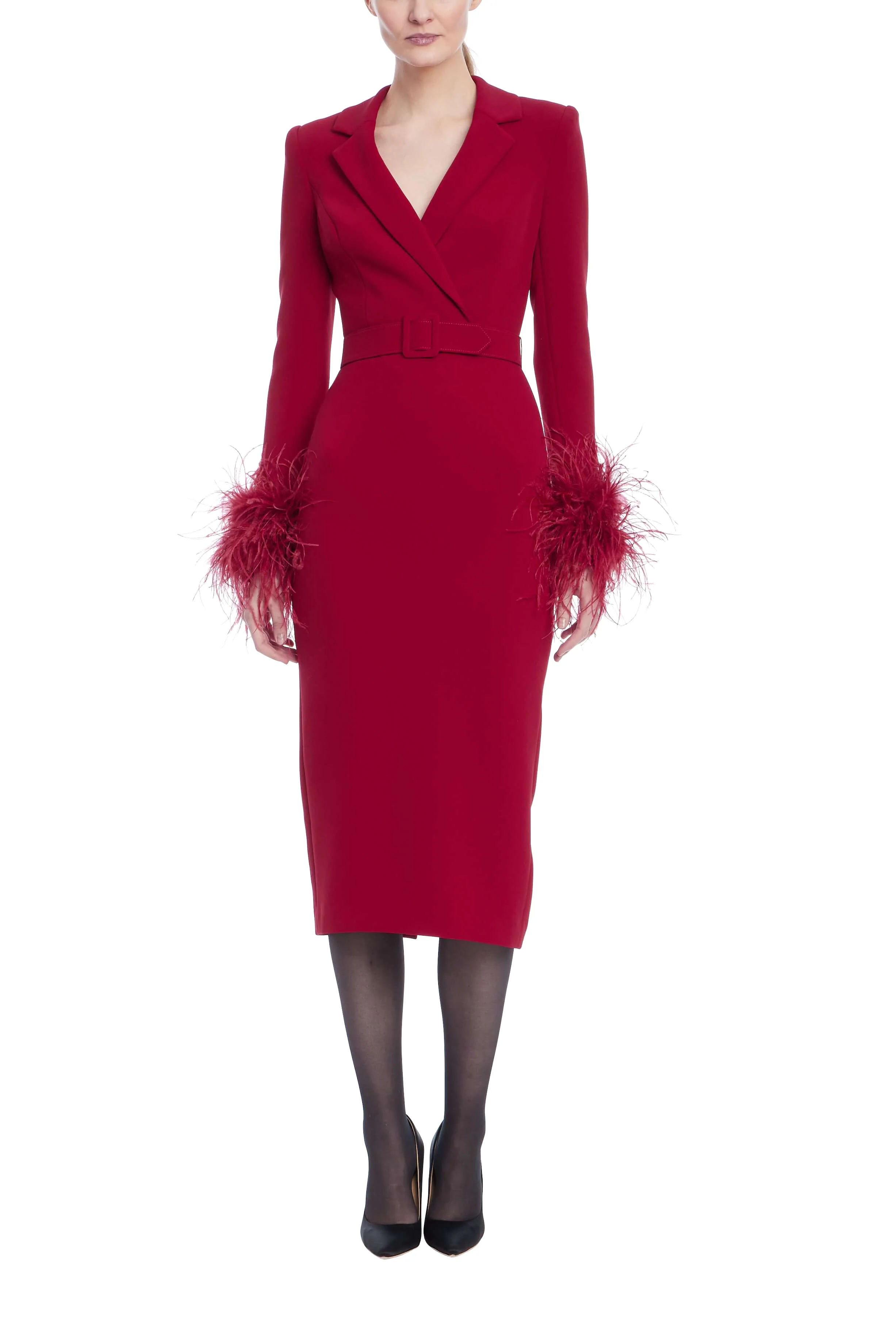 Feather Trim Belted Sheath Dress - Image 16