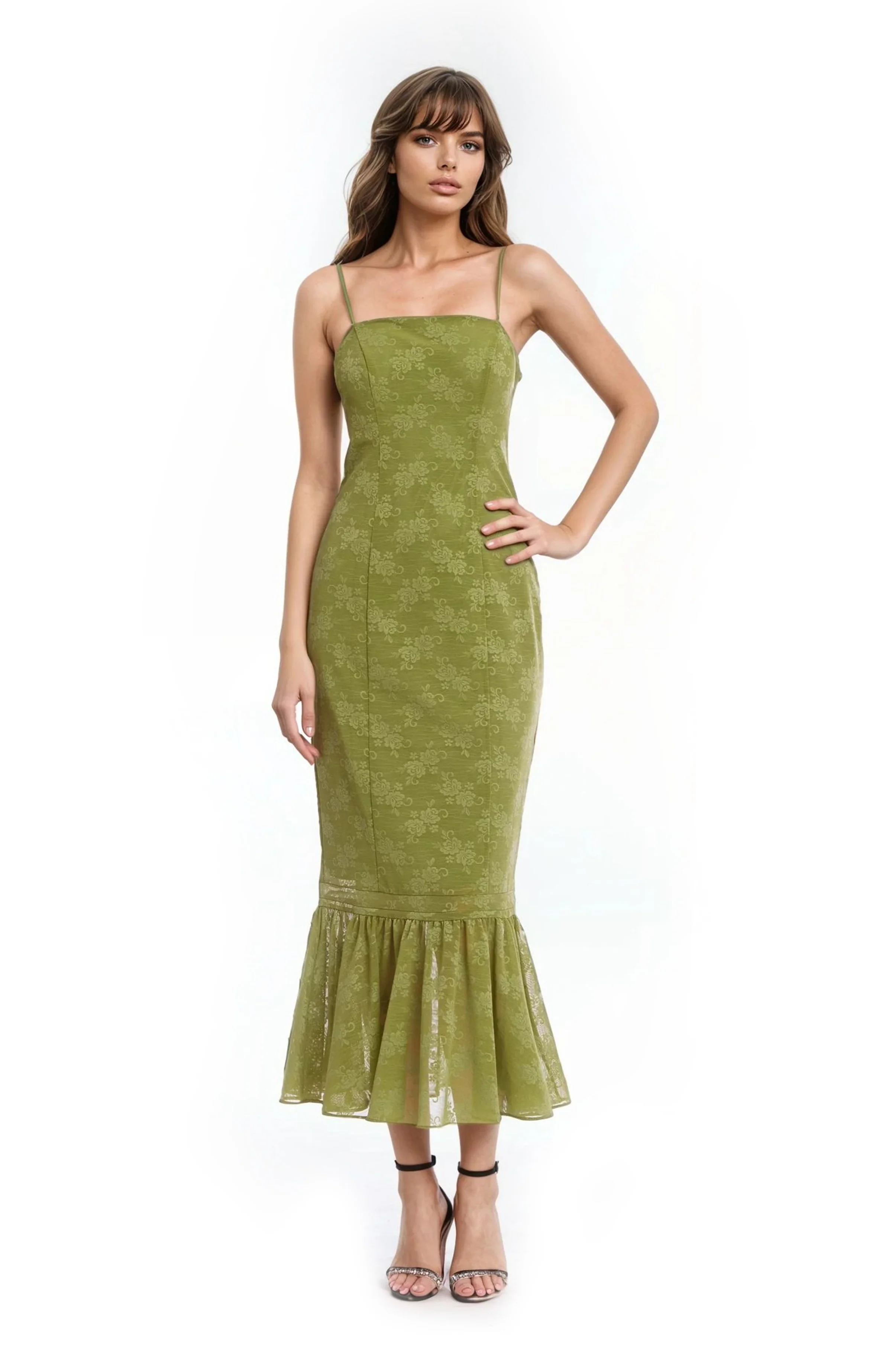 Josie Floral Jacquard Midi Dress with Ruffle Hem - Image 5