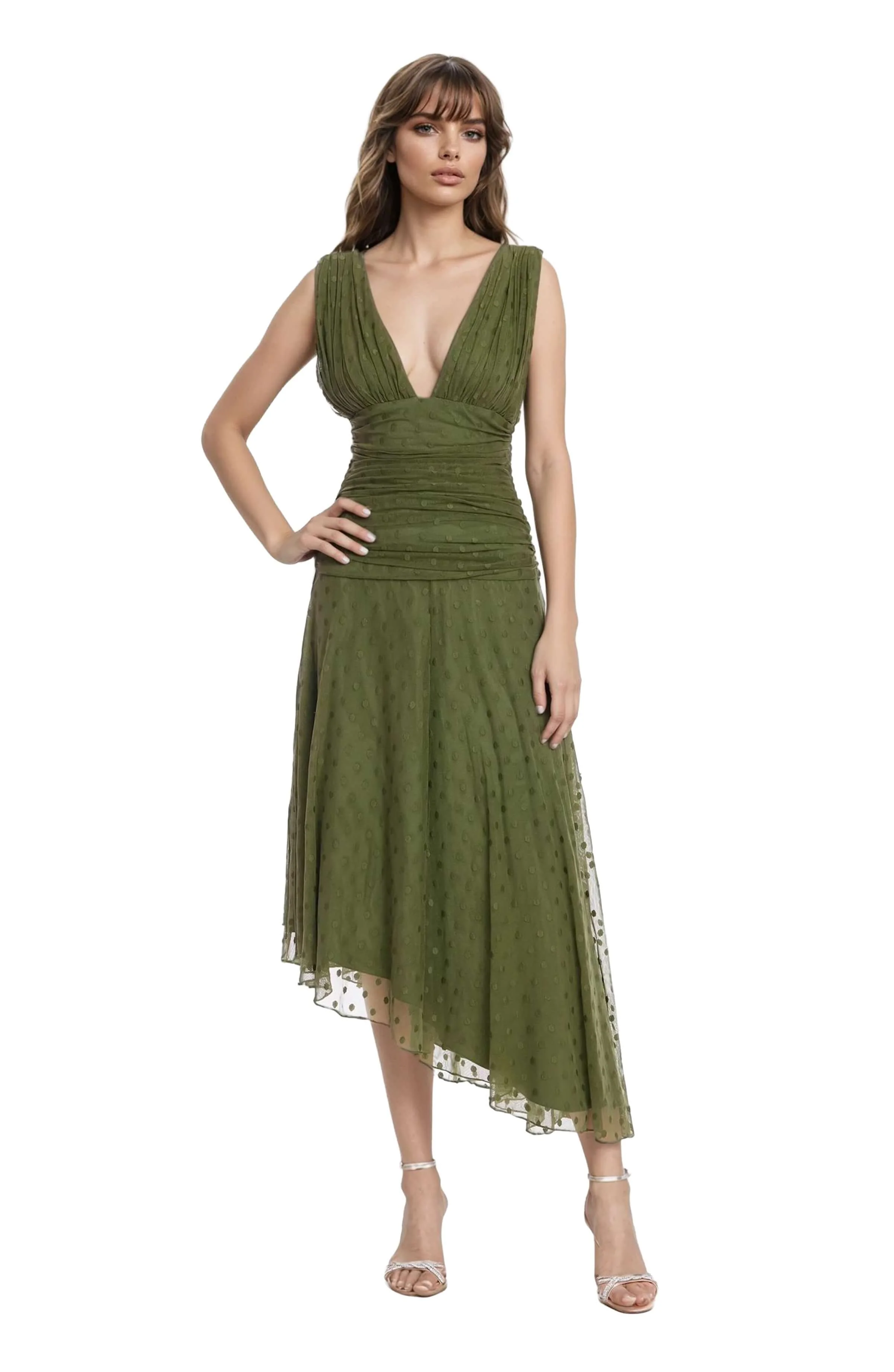 Katie Draped V-Neck Asymmetrical Hem Dress - Image 11