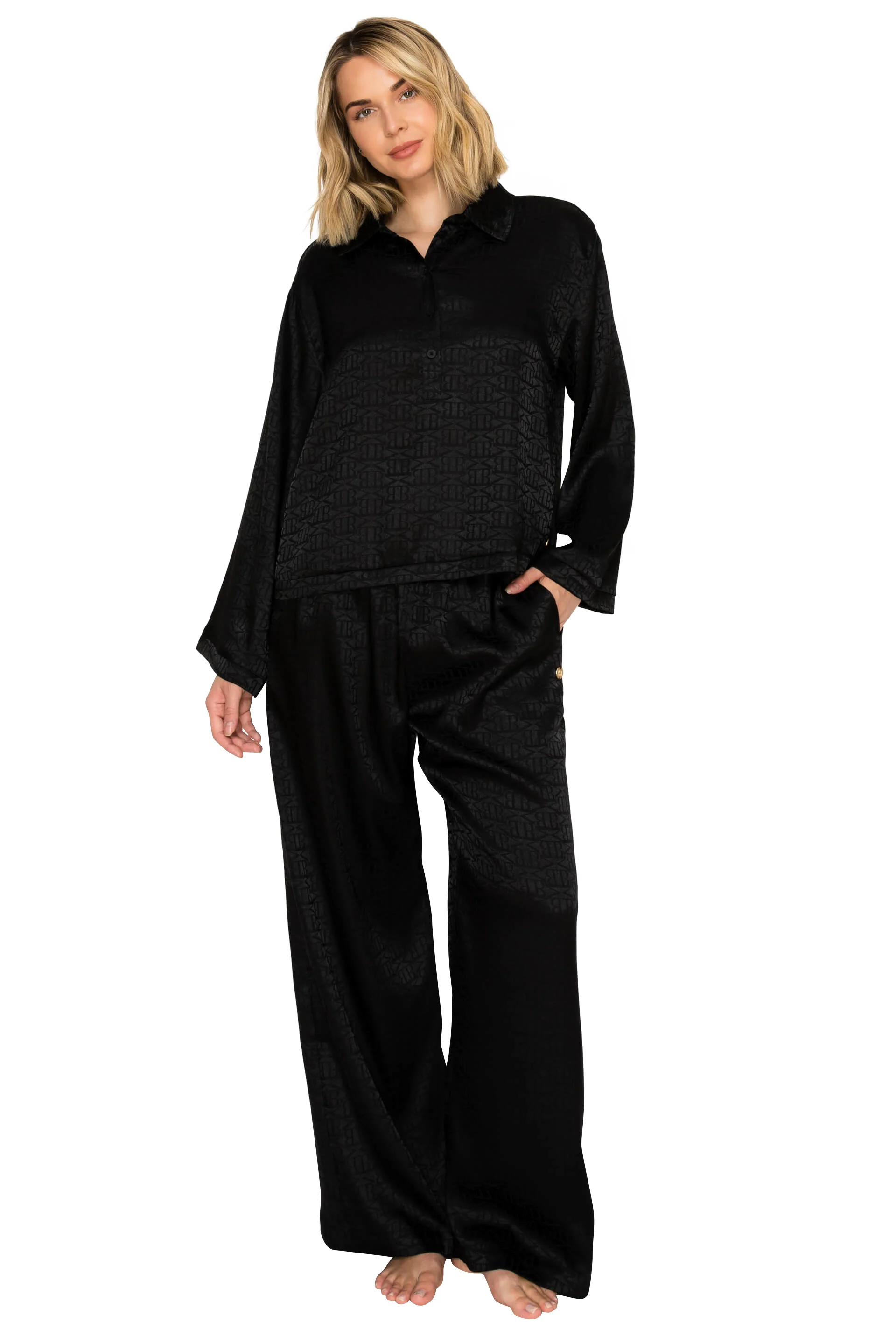 Luxe Monogram Satin Long Sleeve Wide Leg Pajama Set - Image 13