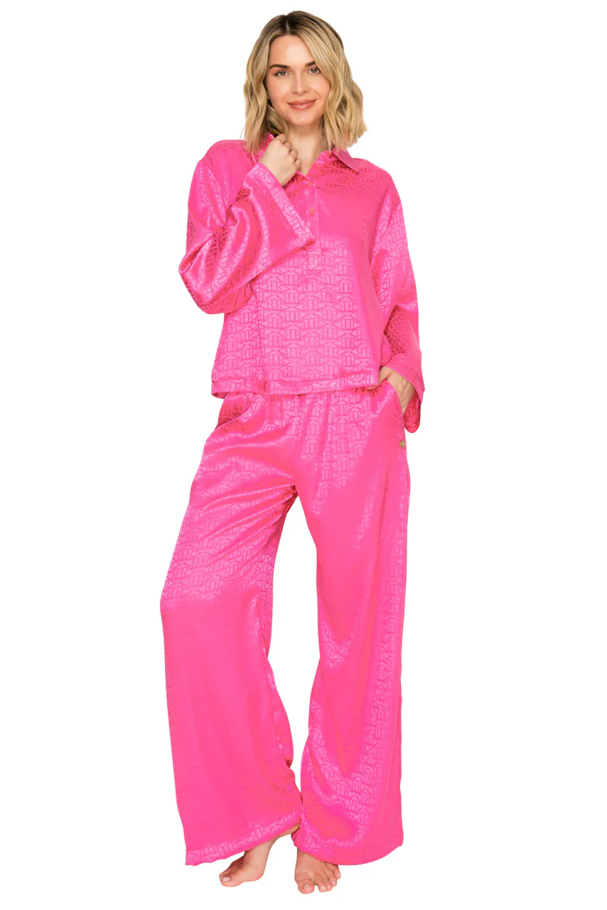 Luxe Monogram Satin Long Sleeve Wide Leg Pajama Set - Image 9