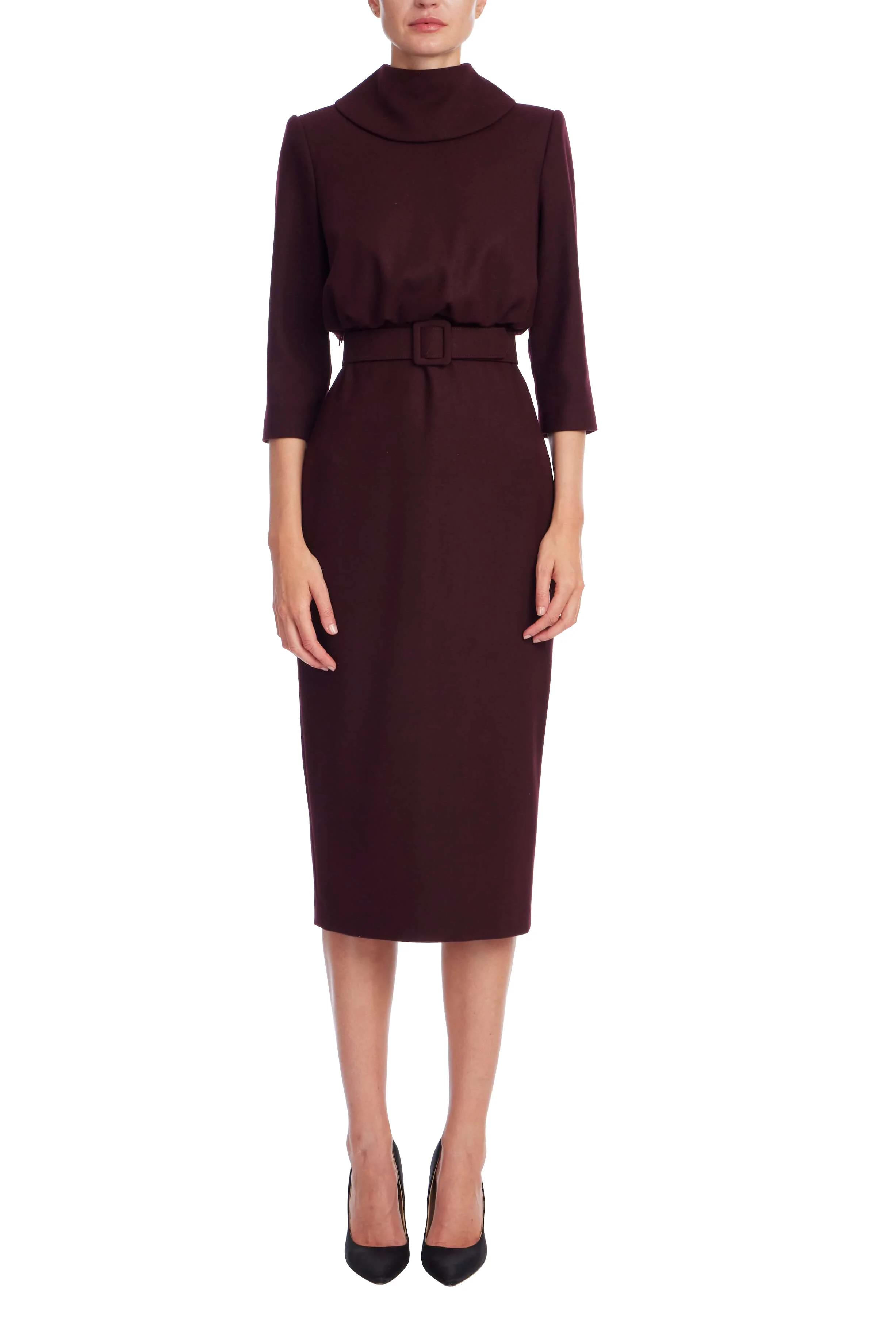 Mock Neck Belted Midi Sheath Dress - Image 10