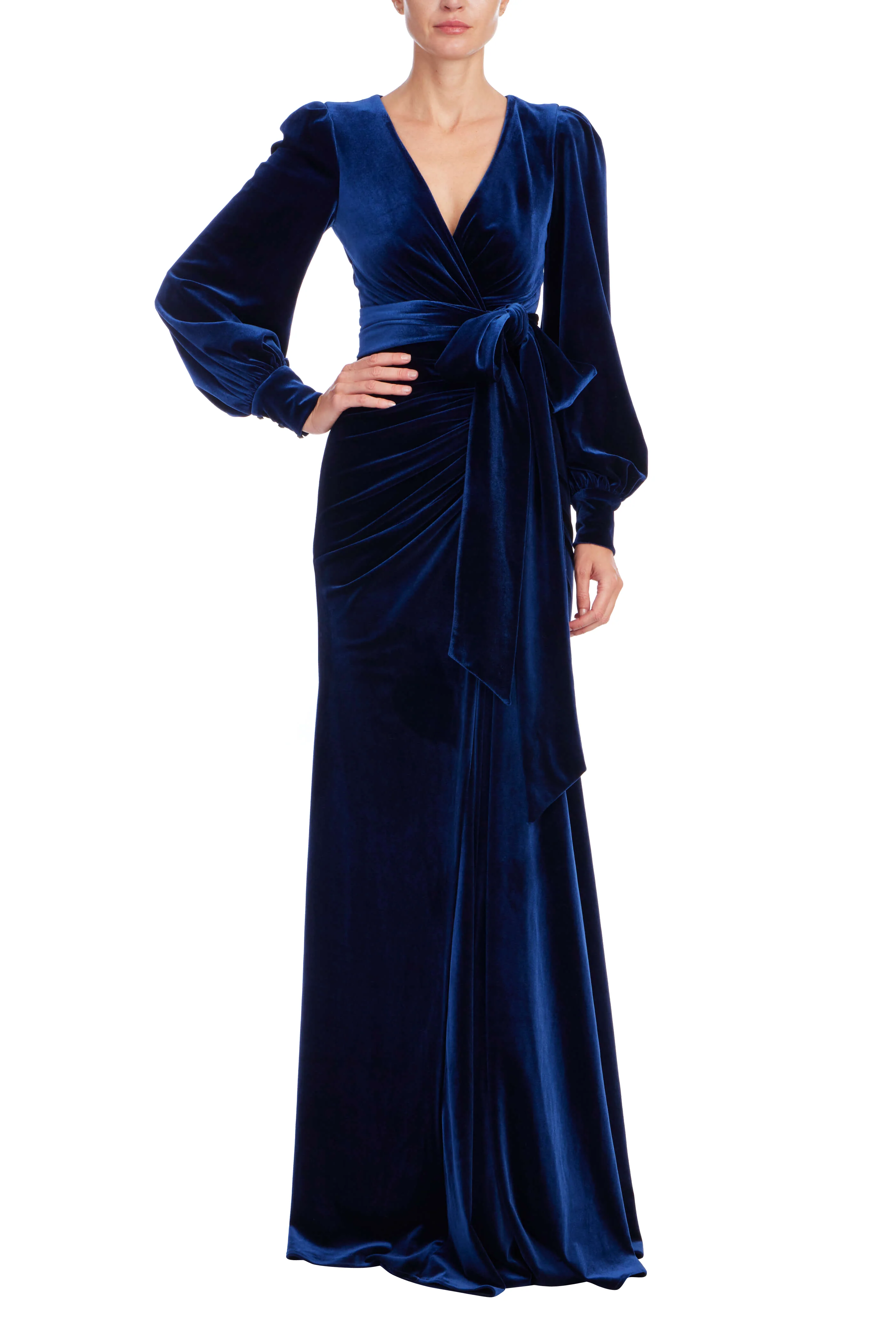 Navy Velvet Drape Gown with Puffed Sleeves - Image 5