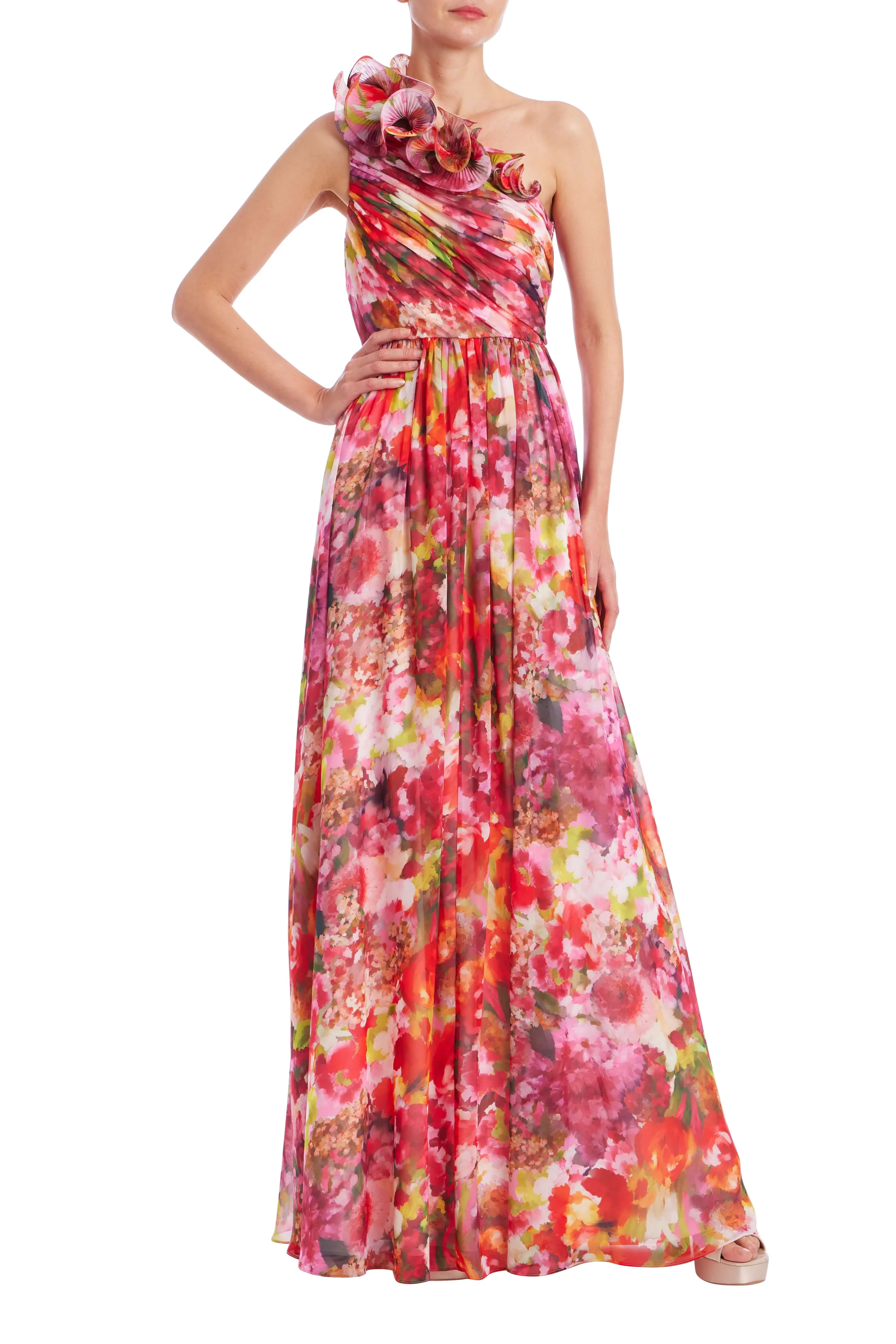 One-Shoulder Ruffle Floral Print Gown - Image 14