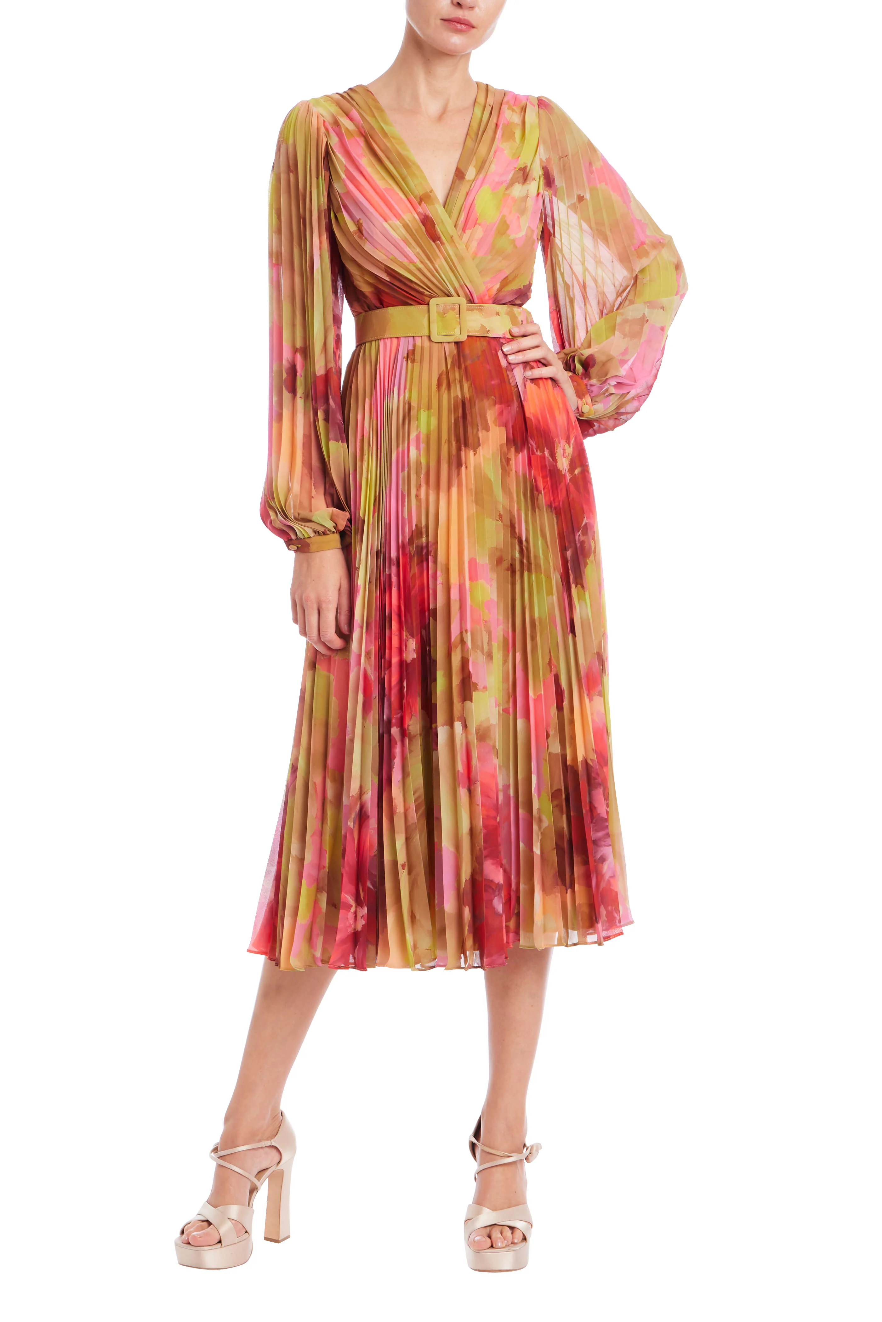 Pleated Bishop Sleeve Belted Midi Dress - Image 12