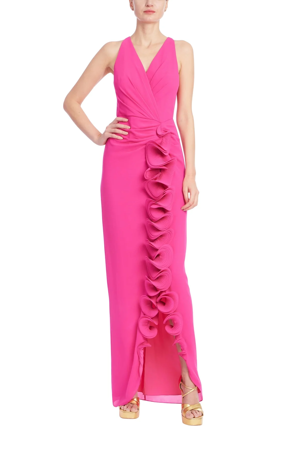 Sleeveless V-Neck Gown with 3D Rosette Ruffle - Image 14