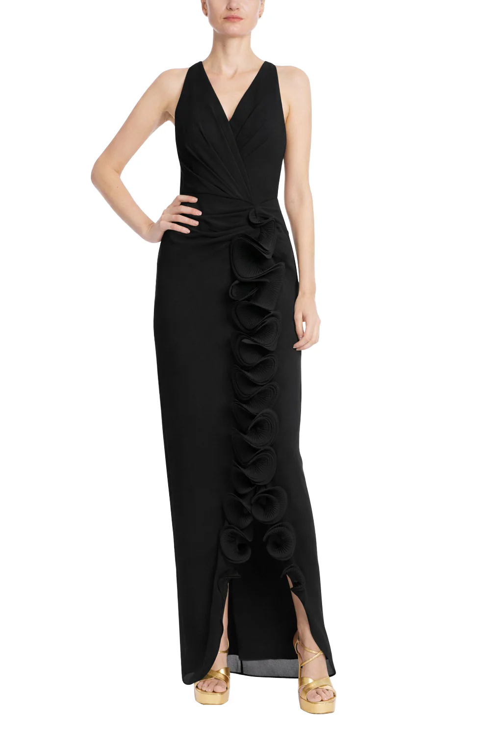 Sleeveless V-Neck Gown with 3D Rosette Ruffle - Image 19