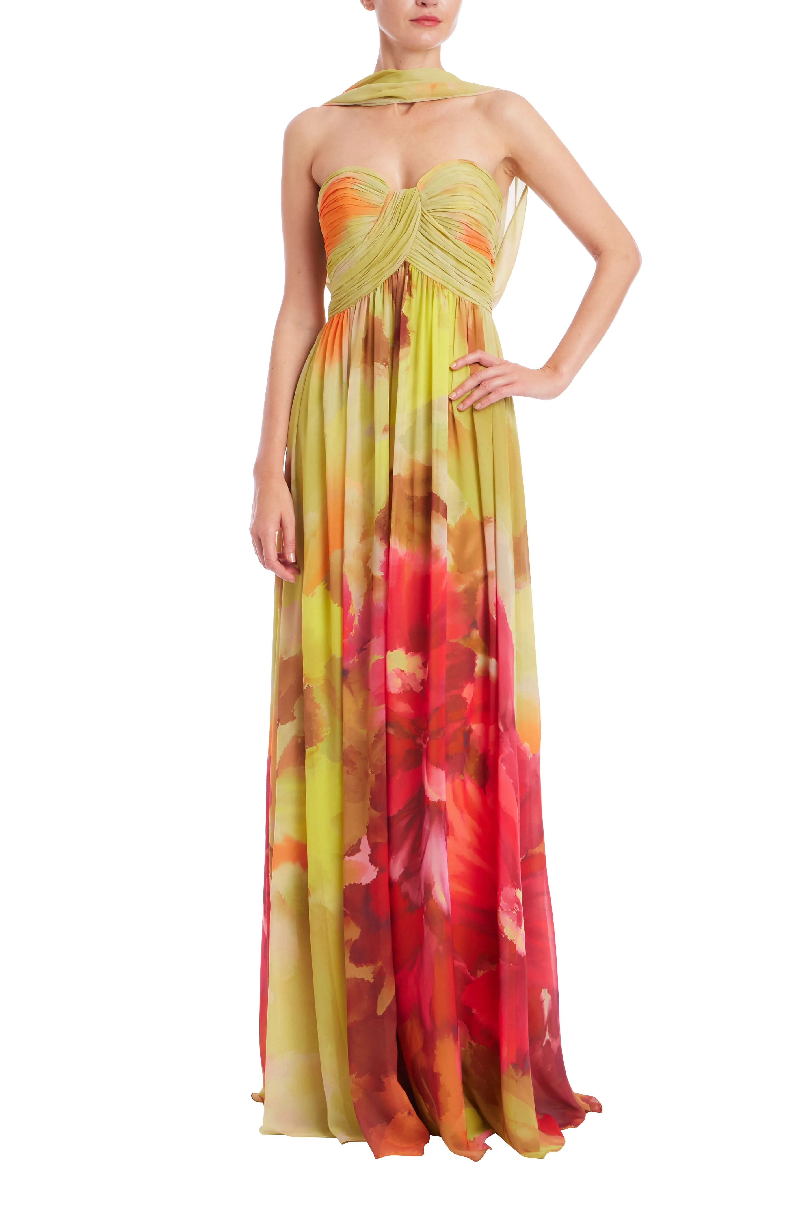 Strapless Floral Print Chiffon Gown with Scarf - Image 8